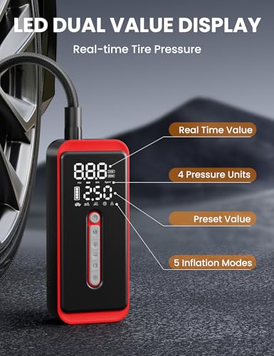 ROTOPATA Electric Tire Inflator Portable Air Compressor 12V DC, 150PSI Cordless Air Pump with LED Light & Digital Pressure Gauge for Car Bike Motorcycle Wheel Ball Inflatable(Red)
