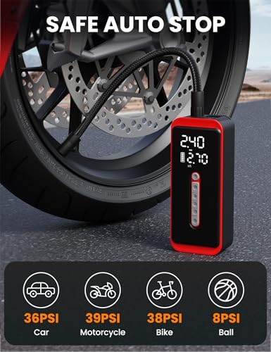 ROTOPATA Electric Tire Inflator Portable Air Compressor 12V DC, 150PSI Cordless Air Pump with LED Light & Digital Pressure Gauge for Car Bike Motorcycle Wheel Ball Inflatable(Red)