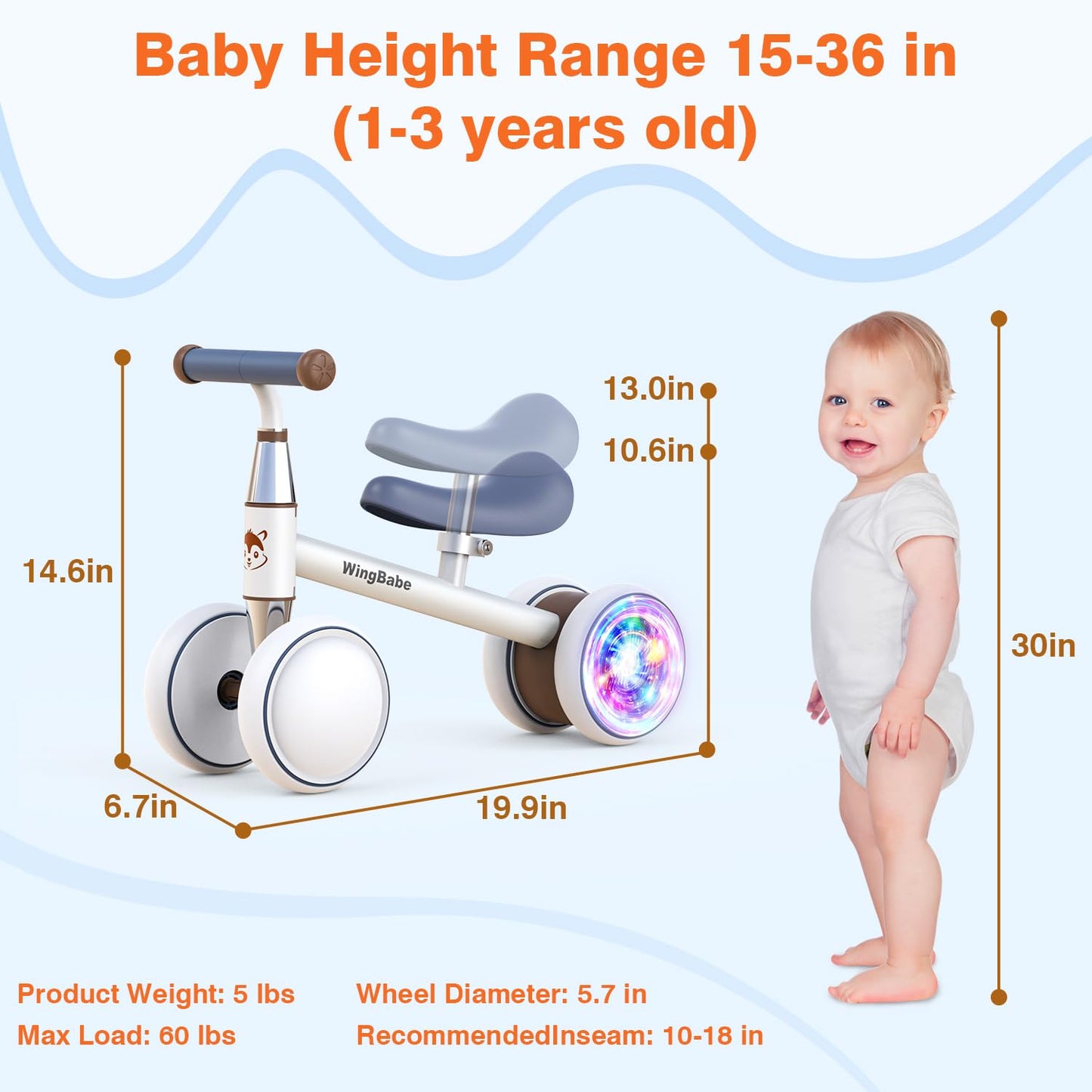 WINGBABE Colorful Lighting Baby Balance Bike for 1 Years Old Boys Girls, 10-24 Month Toddler Balance Bike with Adjustable Seat & 4 Silence Wheels, Baby Bike Toddler Bike for First Birthday Gifts