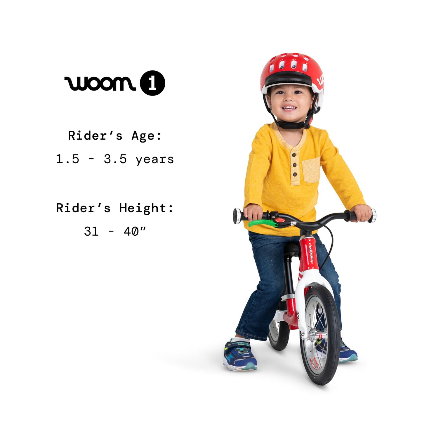 woom 1 Balance Bicycle for Kids 18 Months to 3.5 Years Old, Lightweight 12-Inch Toddler Bike with Handbrake & Steering Limiter, Boys & Girls - Red