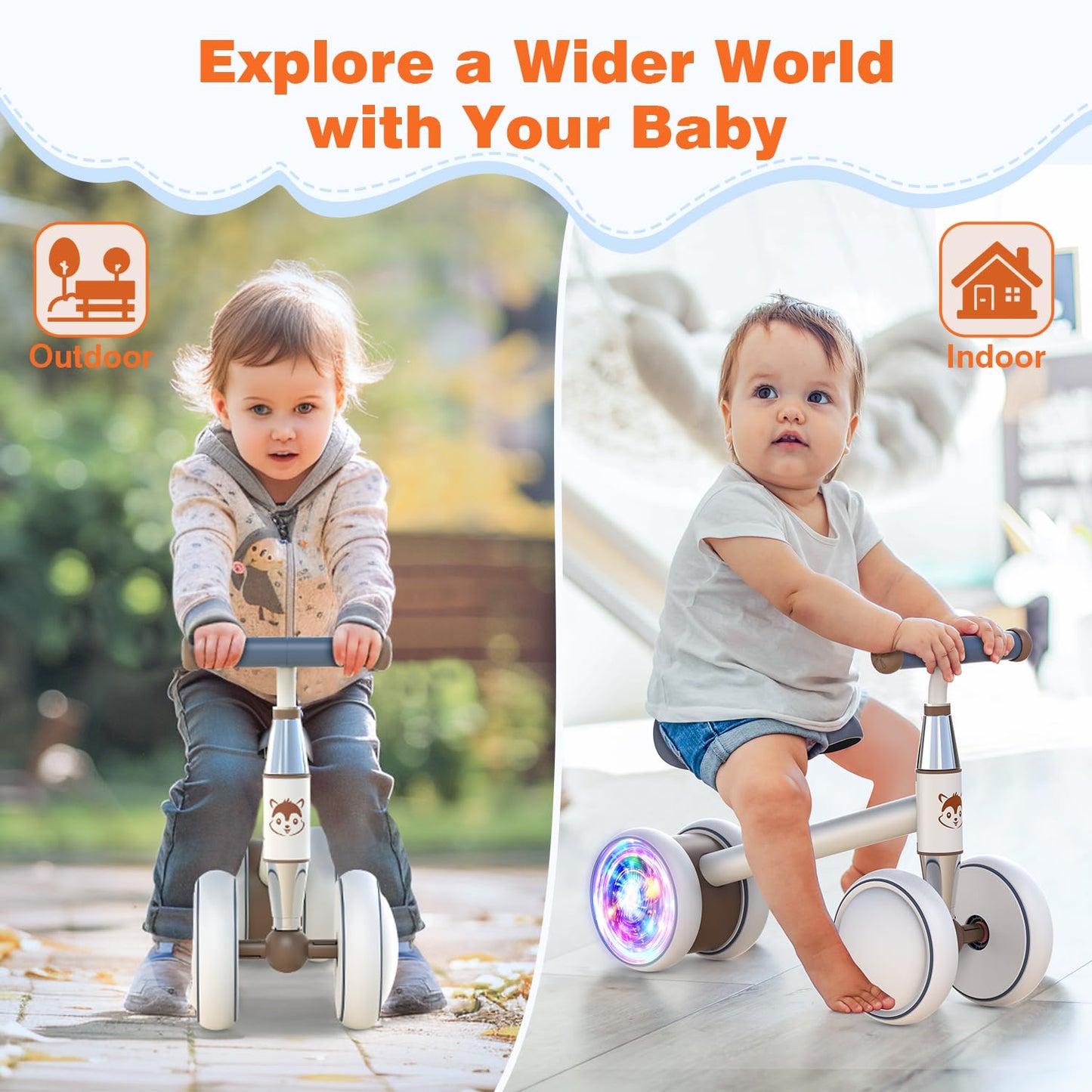 WINGBABE Colorful Lighting Baby Balance Bike for 1 Years Old Boys Girls, 10-24 Month Toddler Balance Bike with Adjustable Seat & 4 Silence Wheels, Baby Bike Toddler Bike for First Birthday Gifts