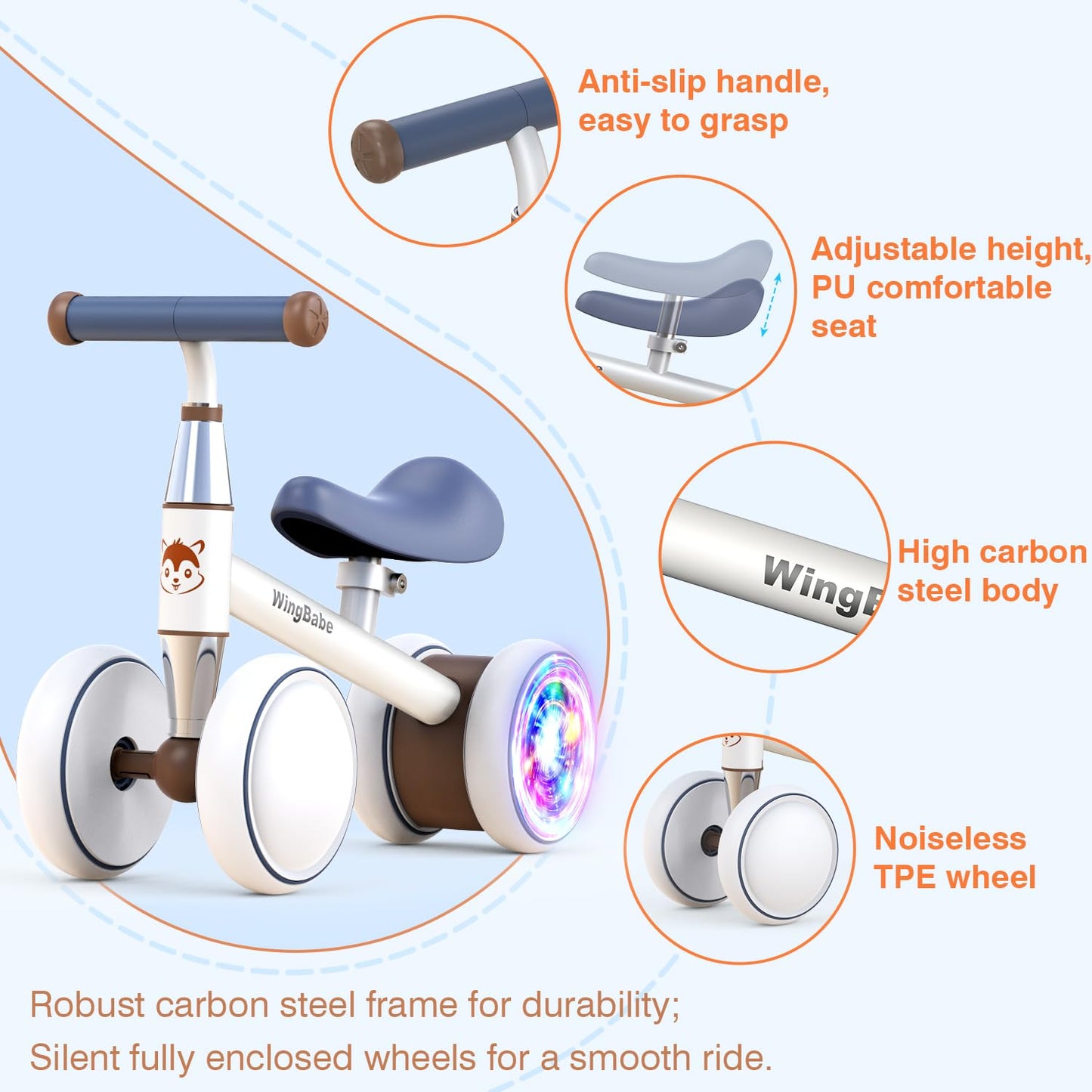 WINGBABE Colorful Lighting Baby Balance Bike for 1 Years Old Boys Girls, 10-24 Month Toddler Balance Bike with Adjustable Seat & 4 Silence Wheels, Baby Bike Toddler Bike for First Birthday Gifts