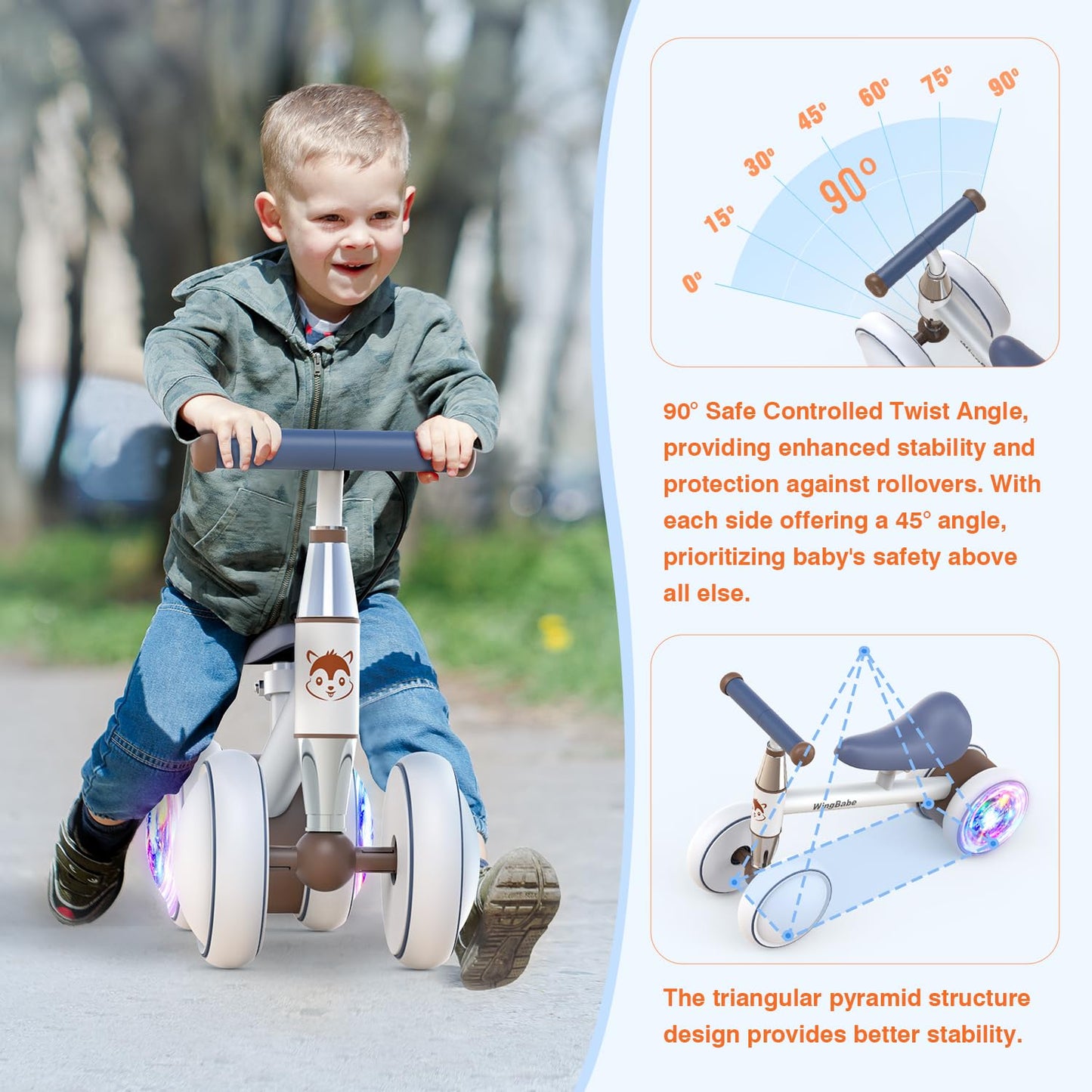 WINGBABE Colorful Lighting Baby Balance Bike for 1 Years Old Boys Girls, 10-24 Month Toddler Balance Bike with Adjustable Seat & 4 Silence Wheels, Baby Bike Toddler Bike for First Birthday Gifts