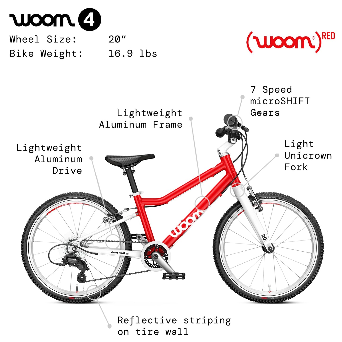woom 4 Children’s Bicycle for Kids 6-8 Years Old, 20-Inch Wheels, Lightweight Bike with Handbrake & 7-Speed Shifter for Boys & Girls - Red