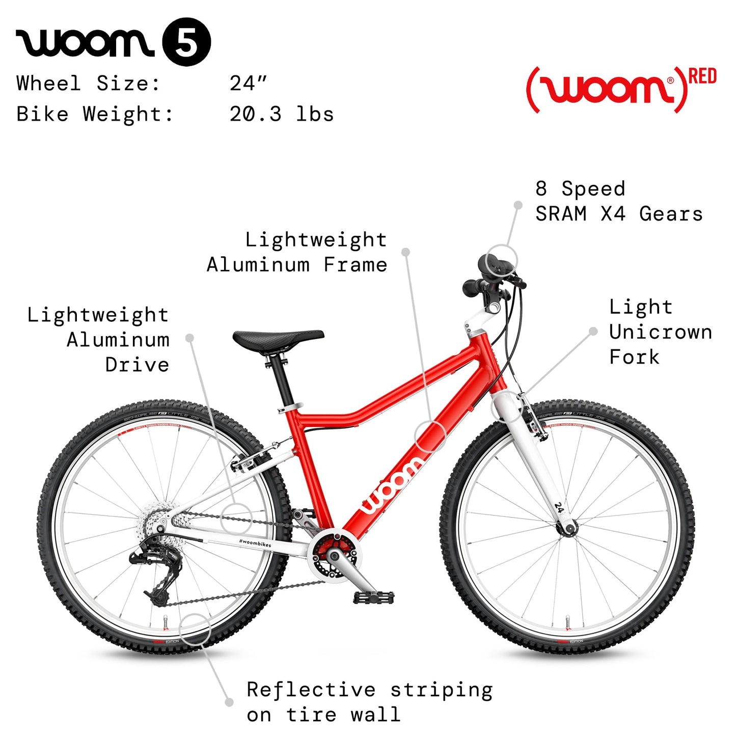 woom 5 Children’s Bicycle for Kids 7-11 Years Old, 24-Inch Wheels, Lightweight Bike with Handbrake & 8-Speed Shifter for Boys & Girls - Red