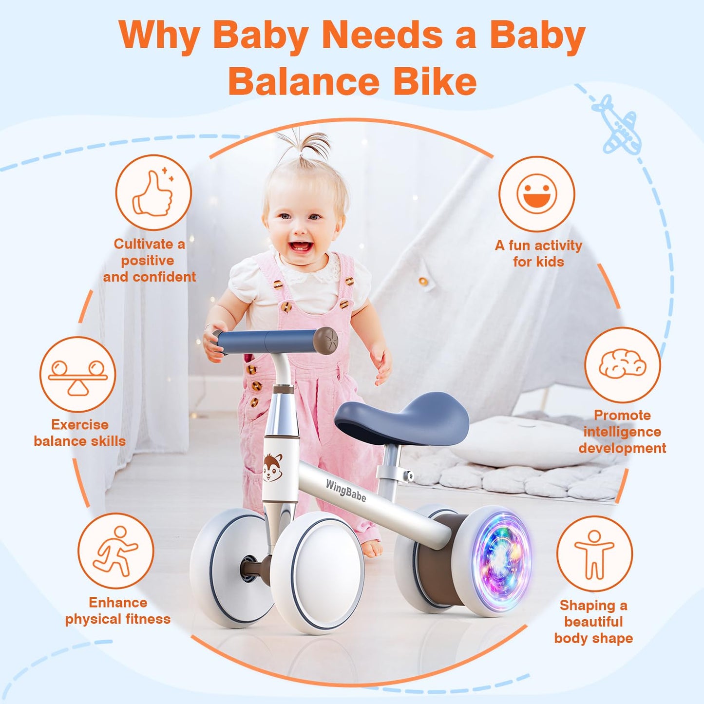WINGBABE Colorful Lighting Baby Balance Bike for 1 Years Old Boys Girls, 10-24 Month Toddler Balance Bike with Adjustable Seat & 4 Silence Wheels, Baby Bike Toddler Bike for First Birthday Gifts