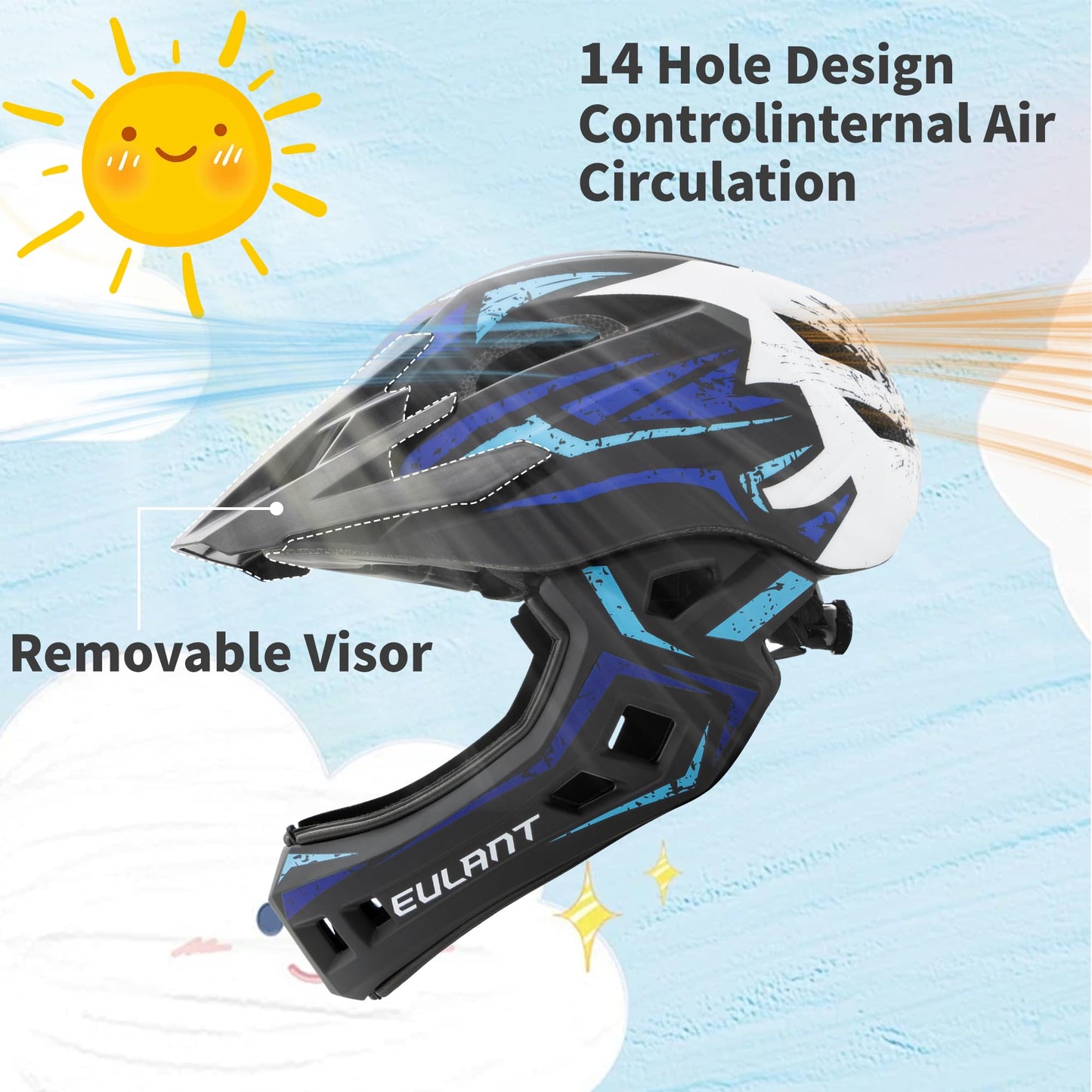 EULANT Children’s Full Face Helmet with Chin Guard, Bicycle Helmet for Girls and Boys Aged 6 Years, Fits Head Size 48-56 cm (Blue and White, Small=48-53cm/18.9-20.9inch)