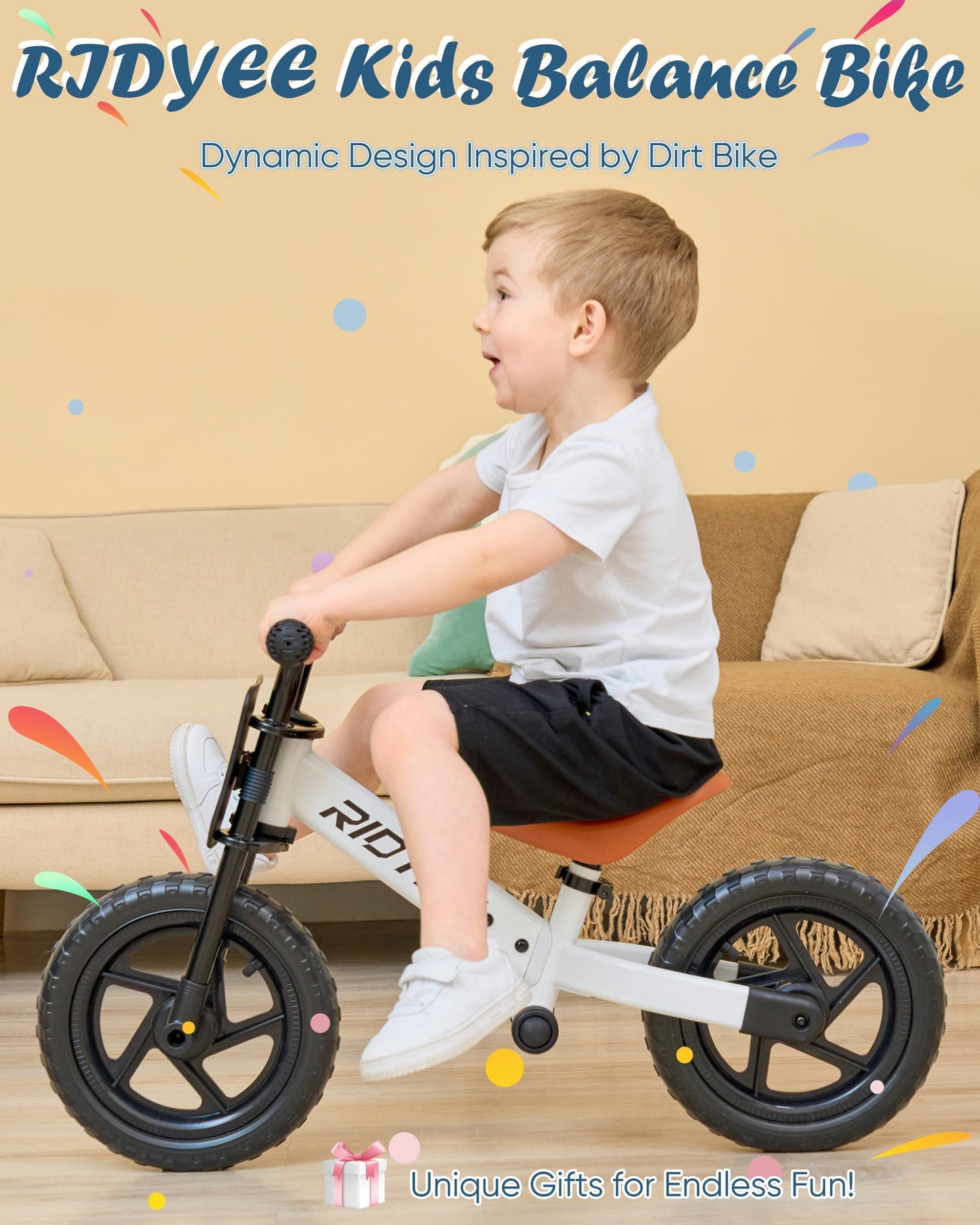 RIDYEE Toddler Balance Bike 2 Year Old, Balance Bikes for Toddlers 2-5, Lightweight Kids' Bike for 2 Years with Racing Frame, Handlebar Pad, Performance Footrest & DIY Stickers, White